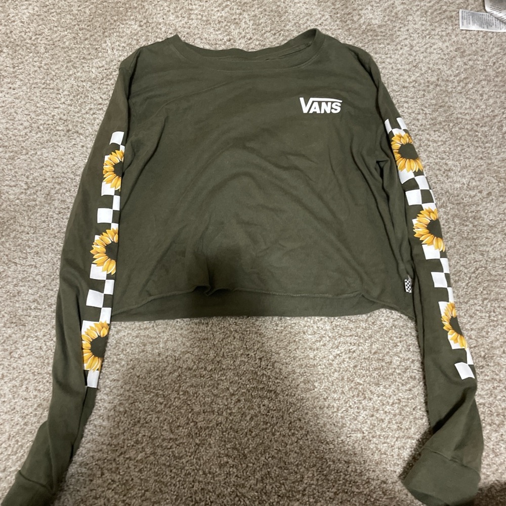 Vans Green Long Sleeve Crop Tee with Graphic Checkerboard